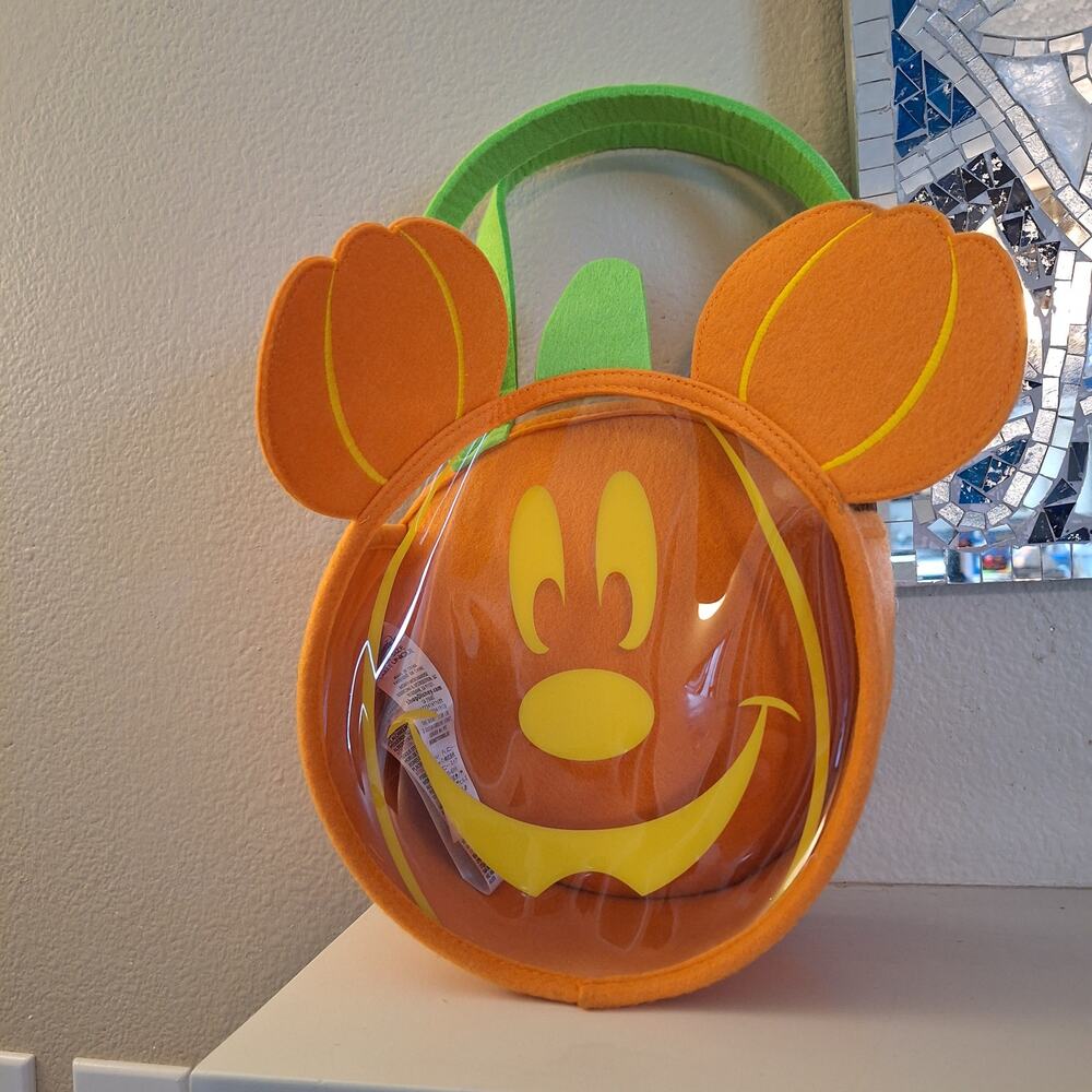 Disney Mickey Mouse Thick Felt Clear Orange Halloween Trick or Treat Bag Tote